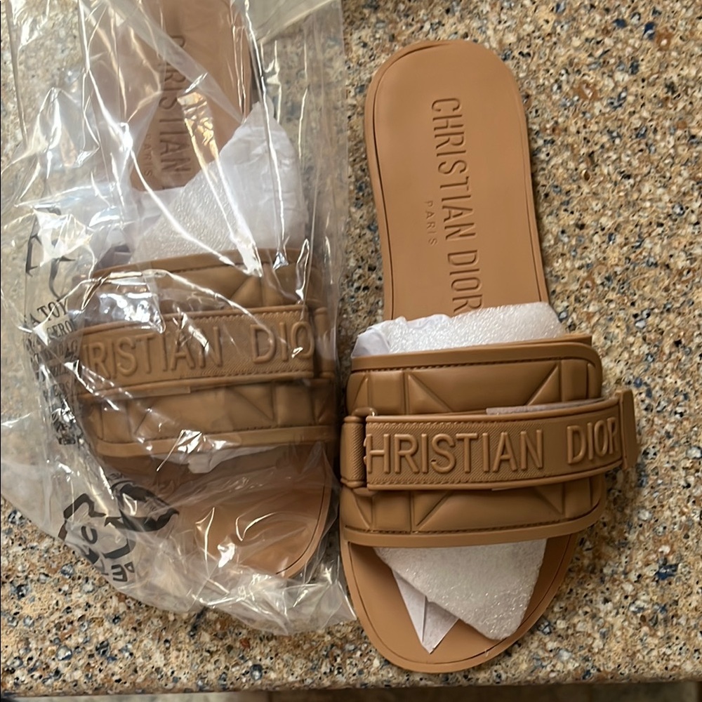 Dior Women's Flat Sandals Adjustable Straps, Khaki slides